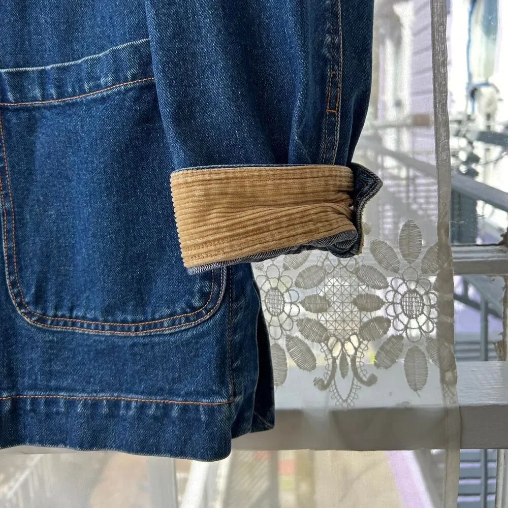 90s Vintage Corduroy Collar Blue Denim Jean Chore Coat Field Jacket Small Mens